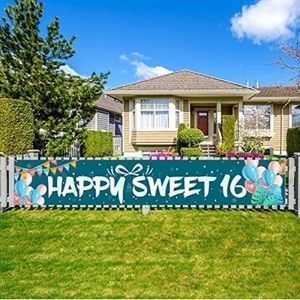 Sweet 16 Birthday Decorations for Girls 16th Birthday Banner , Teal Happy Sweet
